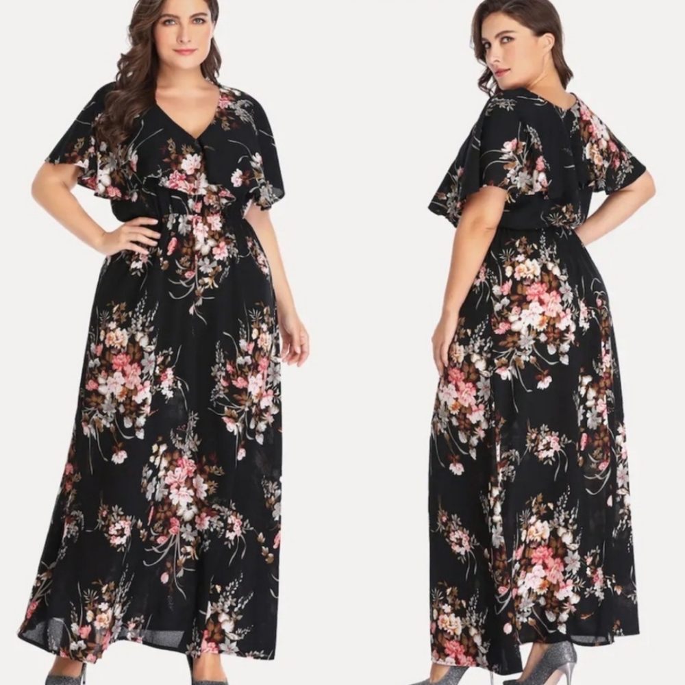 Kara and Kate short sleeved wrap front maxi dress black floral XXXL - Picture 5 of 11
